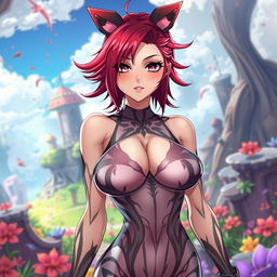 A sexy anime girl with striking red hair styled in an edgy, playful way, featuring huge breasts that accentuate her curves