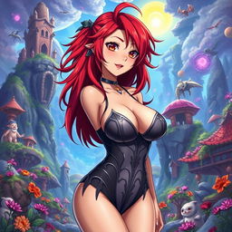 A sexy anime girl with striking red hair styled in an edgy, playful way, featuring huge breasts that accentuate her curves