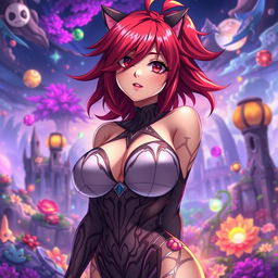 A sexy anime girl with striking red hair styled in an edgy, playful way, featuring huge breasts that accentuate her curves