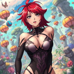 A sexy anime girl with striking red hair styled in an edgy, playful way, featuring huge breasts that accentuate her curves