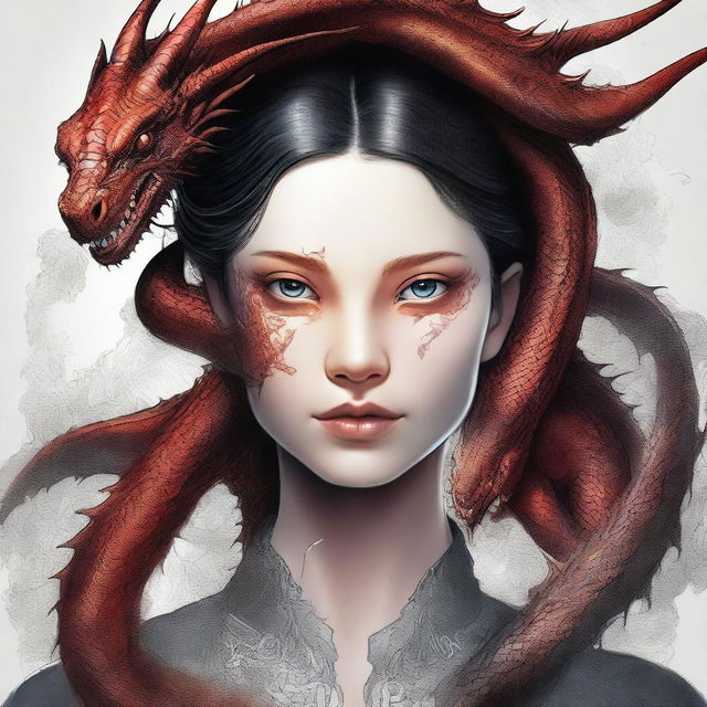 A high-quality digital art image created for a book cover, featuring a girl whose face is intriguingly split down the middle, one half human, the other half dragon