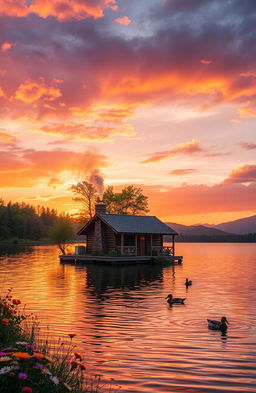 A picturesque cabin on the water reflecting warm colors of a stunning sunset