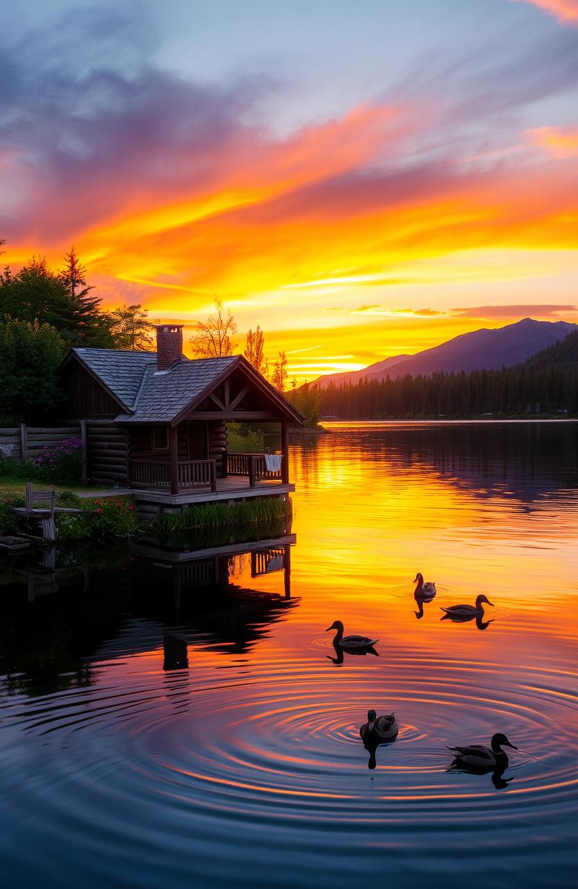 A picturesque cabin on the water reflecting warm colors of a stunning sunset