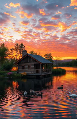 A picturesque cabin on the water reflecting warm colors of a stunning sunset