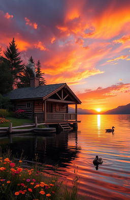 A picturesque cabin on the water reflecting warm colors of a stunning sunset