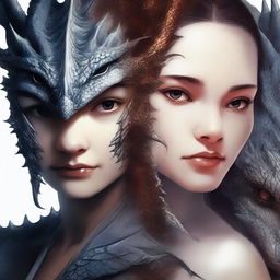 A high-quality digital art image created for a book cover, featuring a girl whose face is intriguingly split down the middle, one half human, the other half dragon