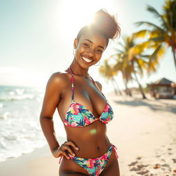 A stunning Black Asian girl confidently posing in a stylish bikini, showcasing her beautiful features and radiant skin