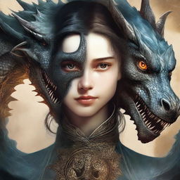 A high-quality digital art image created for a book cover, featuring a girl whose face is intriguingly split down the middle, one half human, the other half dragon