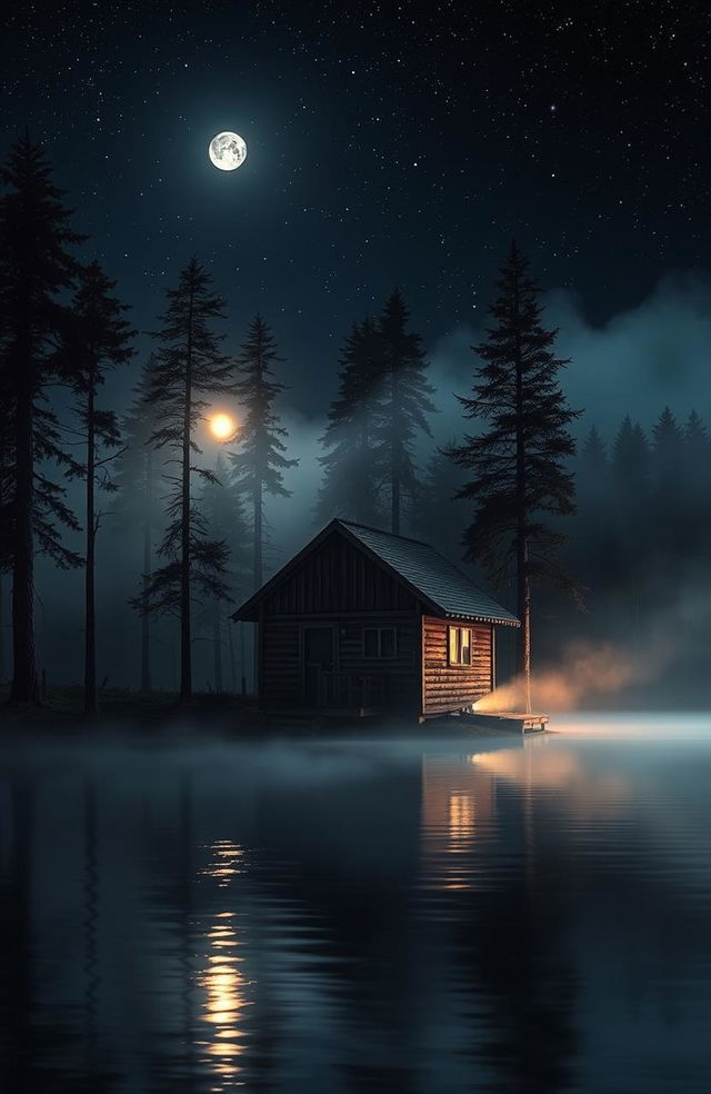 A mysterious cabin situated on a serene lakeside, nestled in a lush forest