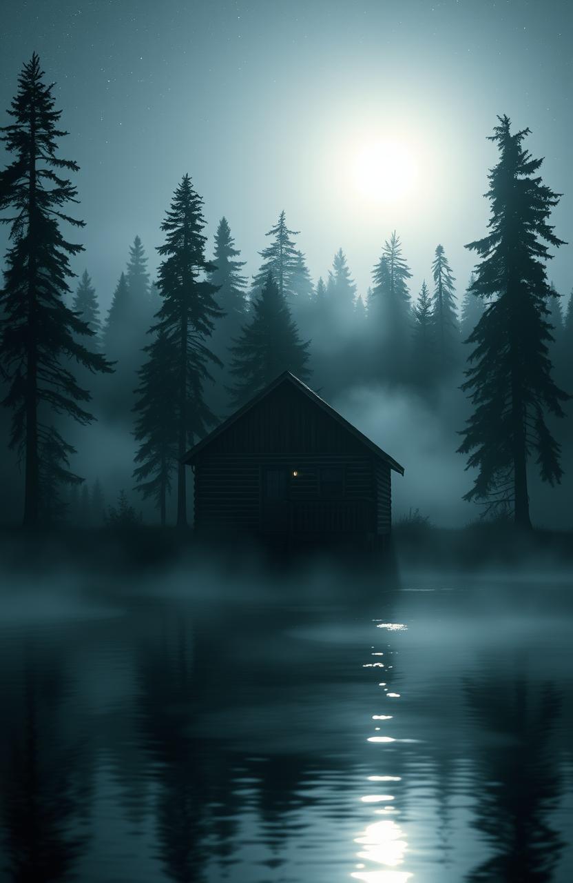 A mysterious cabin situated on a serene lakeside, nestled in a lush forest