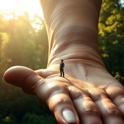 A tiny man standing on the palm of a giant's hand, gazing up in awe at the towering giant, whose partially visible face features a kind smile