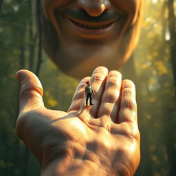 A tiny man standing on the palm of a giant's hand, gazing up in awe at the towering giant, whose partially visible face features a kind smile
