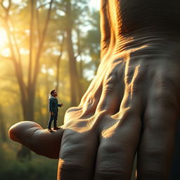A tiny man standing on the palm of a giant's hand, gazing up in awe at the towering giant, whose partially visible face features a kind smile