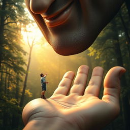A tiny man standing on the palm of a giant's hand, gazing up in awe at the towering giant, whose partially visible face features a kind smile