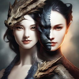 A high-quality digital art image created for a book cover, featuring a girl whose face is intriguingly split down the middle, one half human, the other half dragon