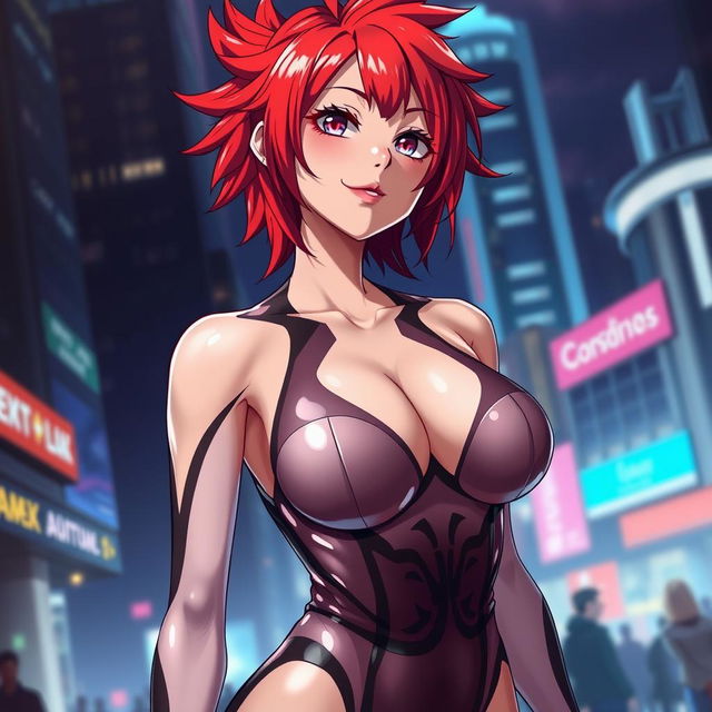 A sexy anime girl with vibrant red hair styled in playful spikes, showcasing huge breasts that highlight her alluring figure