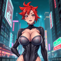 A sexy anime girl with vibrant red hair styled in playful spikes, showcasing huge breasts that highlight her alluring figure