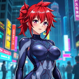 A sexy anime girl with vibrant red hair styled in playful spikes, showcasing huge breasts that highlight her alluring figure