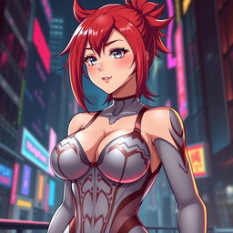 A sexy anime girl with vibrant red hair styled in playful spikes, showcasing huge breasts that highlight her alluring figure