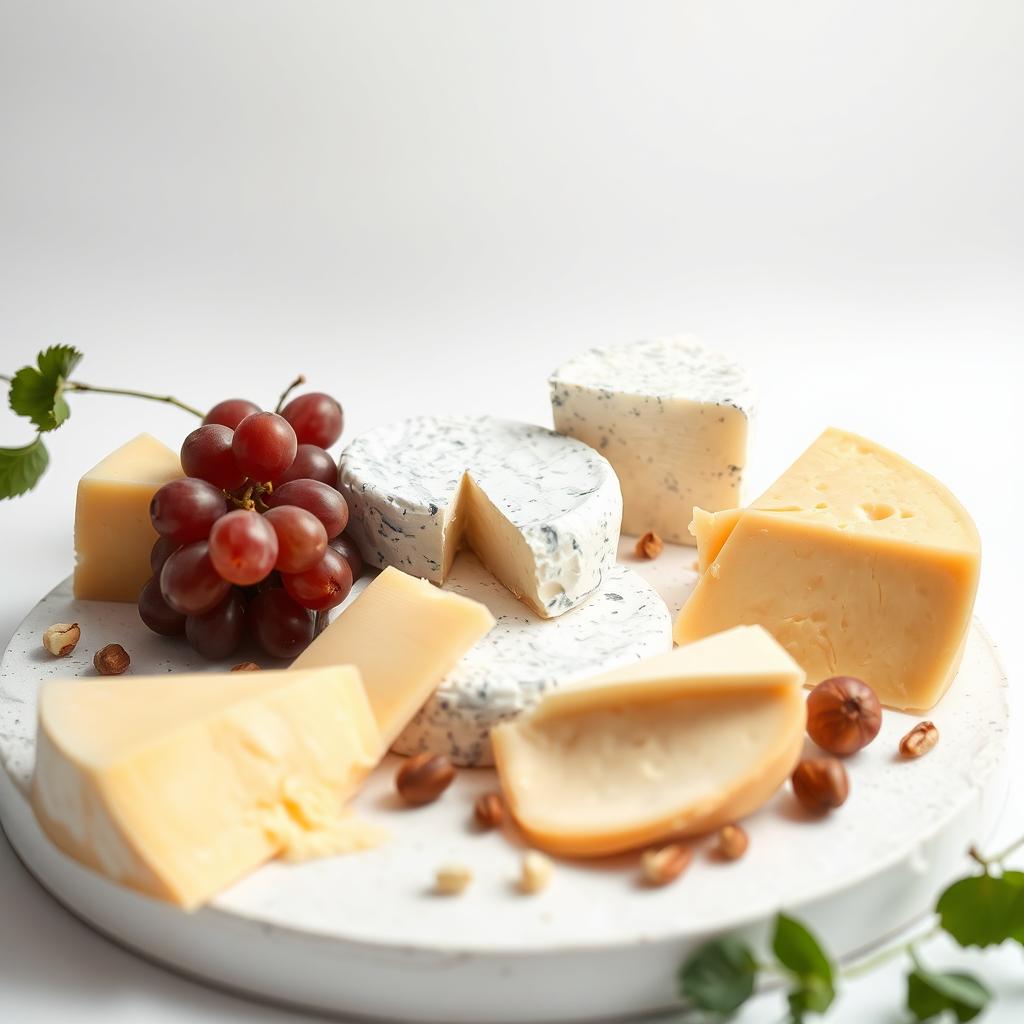 A variety of cheeses displayed artistically on a pristine white background