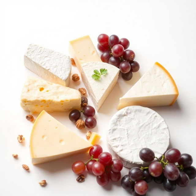 A variety of cheeses displayed artistically on a pristine white background