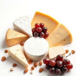 A variety of cheeses displayed artistically on a pristine white background