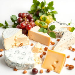 A variety of cheeses displayed artistically on a pristine white background