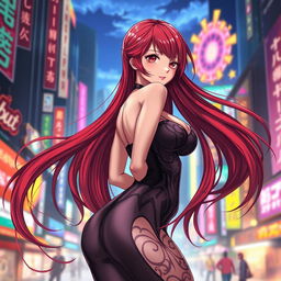 A sexy anime girl with long, flowing red hair that cascades down her back, showcasing huge breasts that enhance her alluring silhouette
