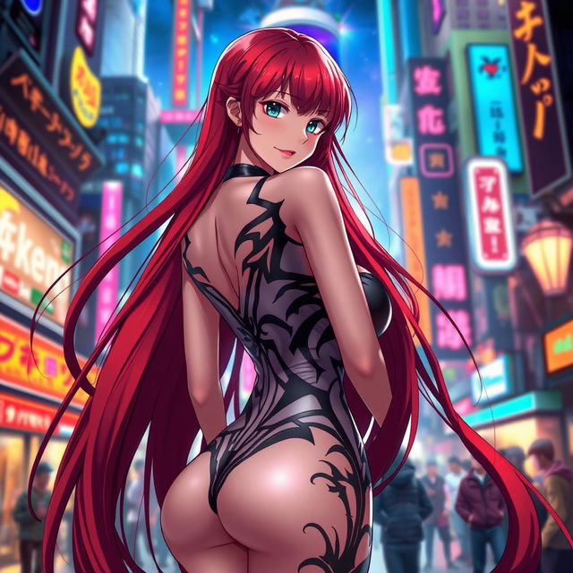A sexy anime girl with long, flowing red hair that cascades down her back, showcasing huge breasts that enhance her alluring silhouette