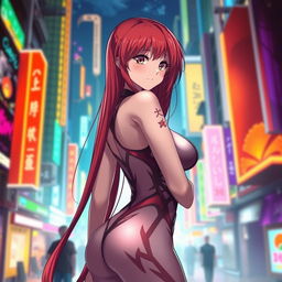 A sexy anime girl with long, flowing red hair that cascades down her back, showcasing huge breasts that enhance her alluring silhouette