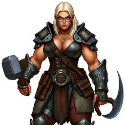 A full-body illustration of a very tall and muscular half-orc woman
