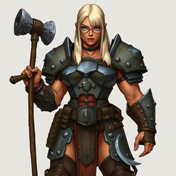 A full-body illustration of a very tall and muscular half-orc woman
