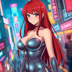 A sexy anime girl with long, cascading red hair that flows elegantly down her back, featuring huge breasts that enhance her captivating silhouette