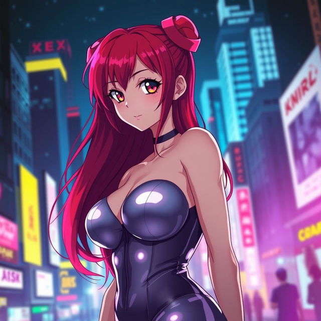 A sexy anime girl with long, cascading red hair that flows elegantly down her back, featuring huge breasts that enhance her captivating silhouette