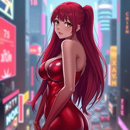 A sexy anime girl with long, cascading red hair that flows elegantly down her back, featuring huge breasts that enhance her captivating silhouette