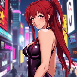 A sexy anime girl with long, cascading red hair that flows elegantly down her back, featuring huge breasts that enhance her captivating silhouette