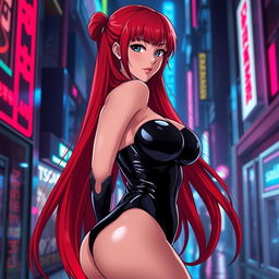 A sexy anime girl with long, flowing red hair that cascades beautifully down her back, featuring huge breasts that accentuate her voluptuous figure