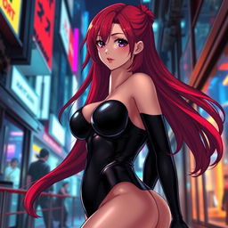 A sexy anime girl with long, flowing red hair that cascades beautifully down her back, featuring huge breasts that accentuate her voluptuous figure