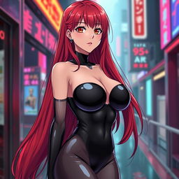A sexy anime girl with long, flowing red hair that cascades beautifully down her back, featuring huge breasts that accentuate her voluptuous figure