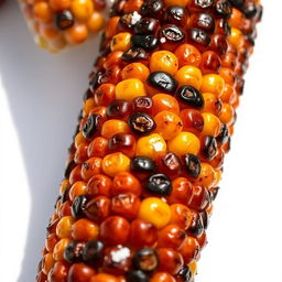 A close-up image of roasted corn on the cob, showing perfectly charred kernels and a golden-brown color
