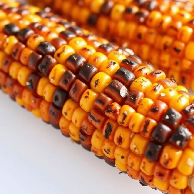 A close-up image of roasted corn on the cob, showing perfectly charred kernels and a golden-brown color