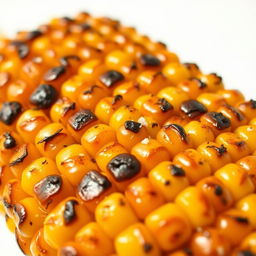 A close-up image of roasted corn on the cob, showing perfectly charred kernels and a golden-brown color