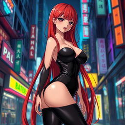 A sexy anime girl with long, flowing red hair that elegantly falls down her back, showcasing her huge breasts that create an enticing silhouette