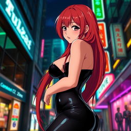 A sexy anime girl with long, flowing red hair that elegantly falls down her back, showcasing her huge breasts that create an enticing silhouette