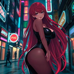 A sexy anime girl with long, flowing red hair that elegantly falls down her back, showcasing her huge breasts that create an enticing silhouette