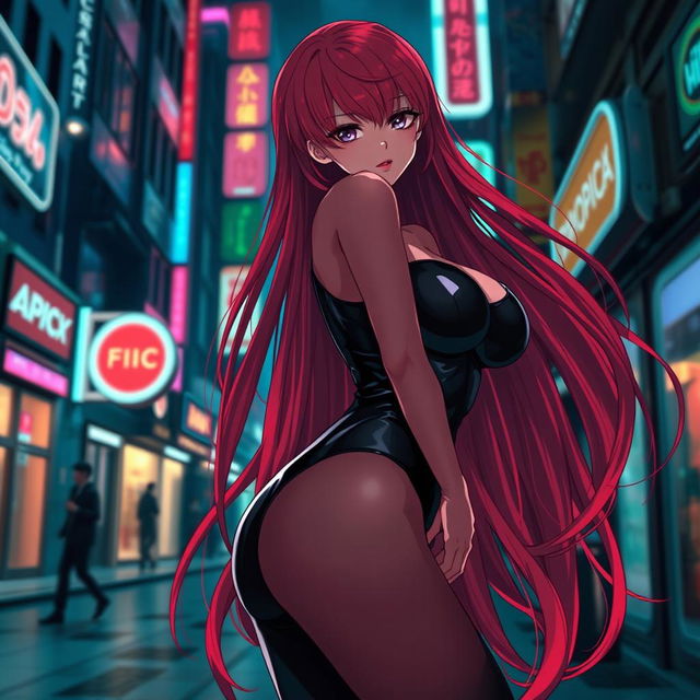 A sexy anime girl with long, flowing red hair that elegantly falls down her back, showcasing her huge breasts that create an enticing silhouette
