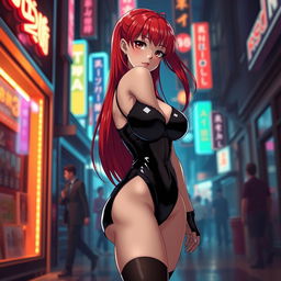 A sexy anime girl with long, flowing red hair that elegantly falls down her back, showcasing her huge breasts that create an enticing silhouette