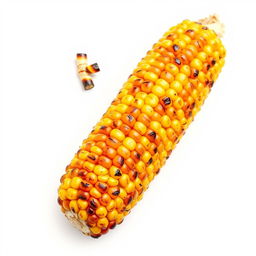 A full view of roasted corn on the cob displayed prominently against a clean white background