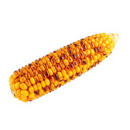 A full view of roasted corn on the cob displayed prominently against a clean white background