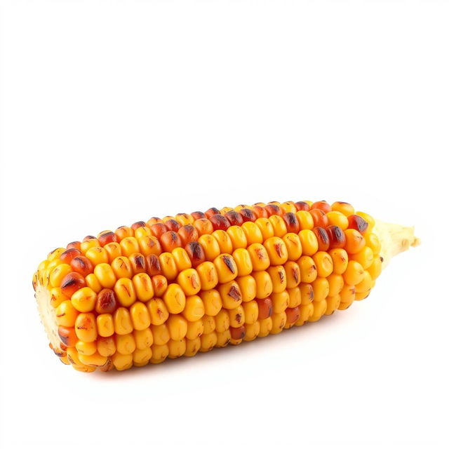 A full view of roasted corn on the cob displayed prominently against a clean white background